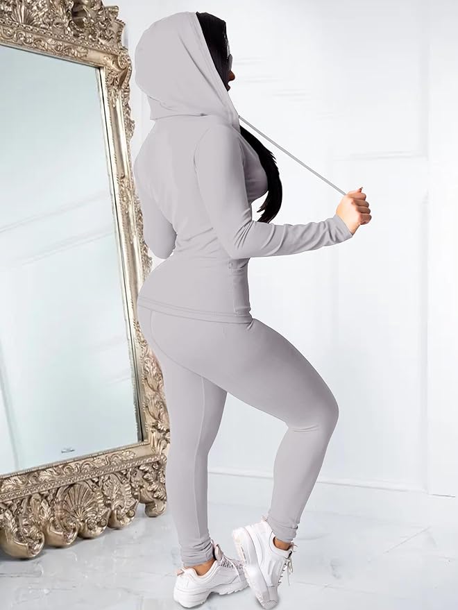 Women Two Piece Outfits Workout Sets Bodycon Legging Jacket Tracksuit Zip Up Hoodie Jogger Matching Sweat Pants Set