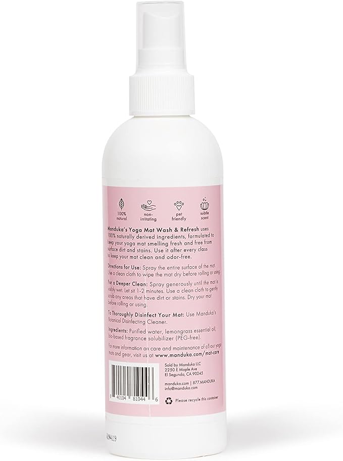 Manduka Yoga Mat Wash and Refresh – 100% Natural Essential Oil Yoga Mat Cleaning Spray, Fitness Equipment and Gym Accessories Cleaner, Non-irritating, Pet Friendly | Lemongrass Scent, 8 oz