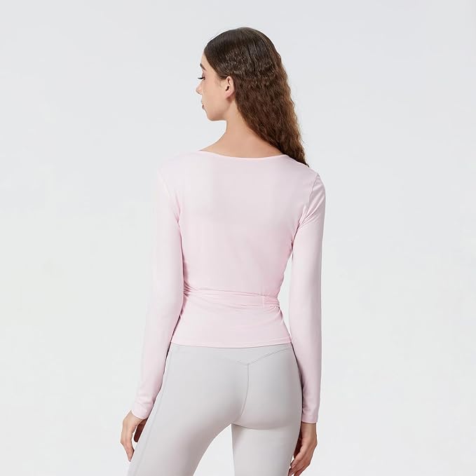 Women Wrap Top Long Sleeve Deep V Neck Cross Tie Workout Ballet Pilates Yoga Shirt