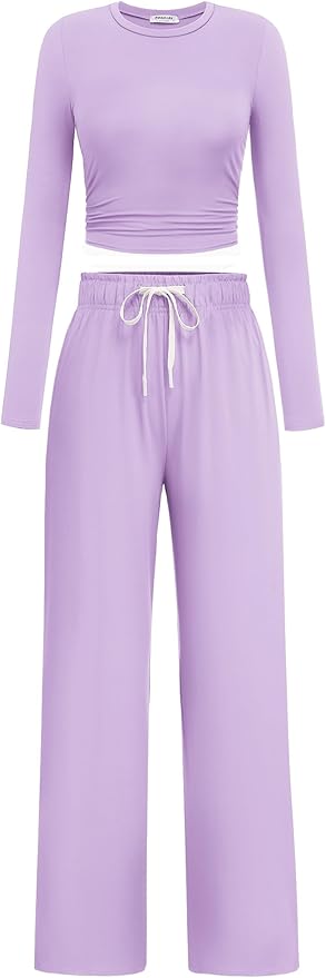 PINSPARK Women 2 Piece Lounge Set Long Sleeve Cropped Top Wide Leg Pants with Pockets 2024 Fall Outfits Matching Tracksuit