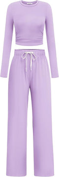 PINSPARK Women 2 Piece Lounge Set Long Sleeve Cropped Top Wide Leg Pants with Pockets 2024 Fall Outfits Matching Tracksuit