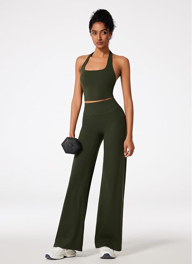 RXRXCOCO Halter Workout Sets for Women 2 Piece Padded Crop Tank Tops Straight Leg Yoga Pants Outfits with Hidden Pocket