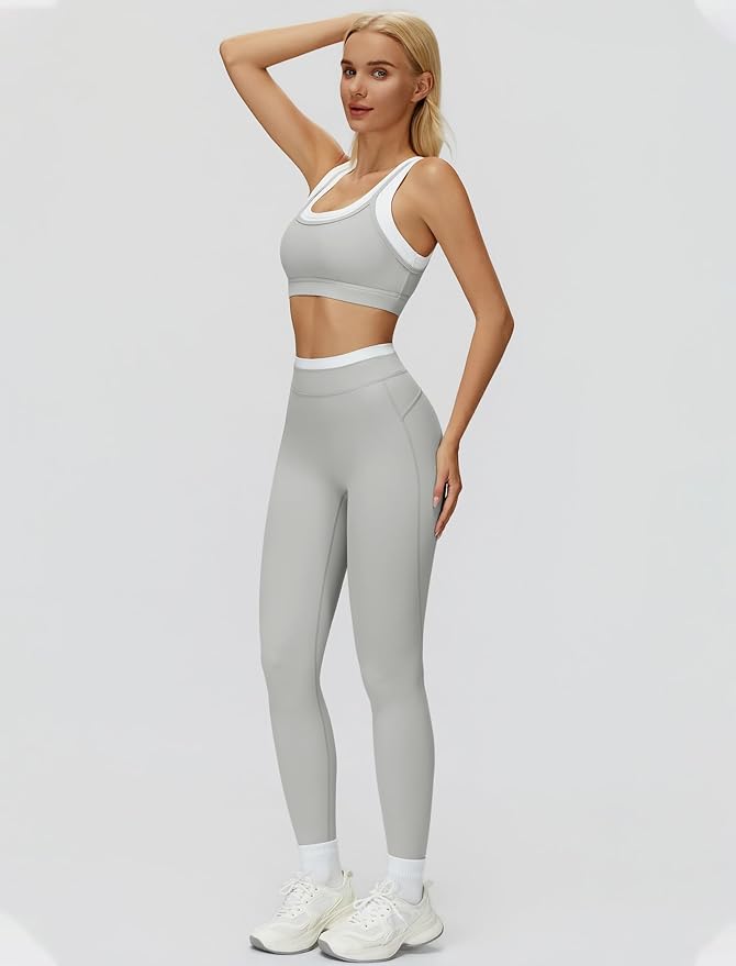 Women 2 Piece Workout U Back Color Block Sports Bra High Waist Active Leggings Yoga Pilates Outfits