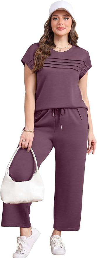 WIHOLL Two Piece Sets for Women Summer Spring Travel Vacation Outfits Cap Sleeve Lounge Matching Sets Wide Leg Pants S-3XL