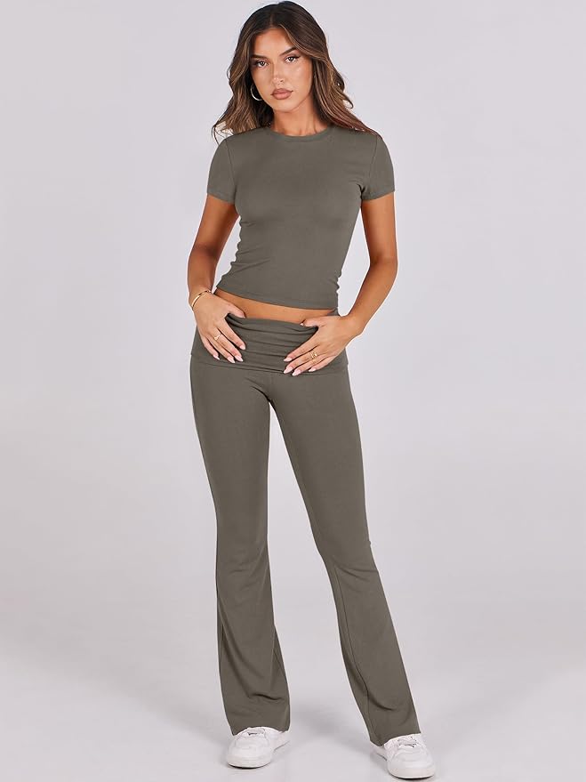 ANRABESS Lounge Sets for Women 2 Piece Foldover Yoga Flare Leggings Pants Crop Tops Casual Y2K Outfits Matching Tracksuit Set