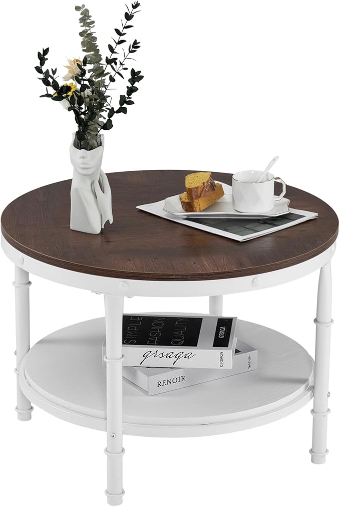VINGLI 25.6" Rustic Oak White Round Farmhouse Coffee Table, 2-Tier Storage Wood Center Circle Accent Table for Living Room, Bedroom, Apartment, Studio and Small Spaces, Sturdy Metal Frame