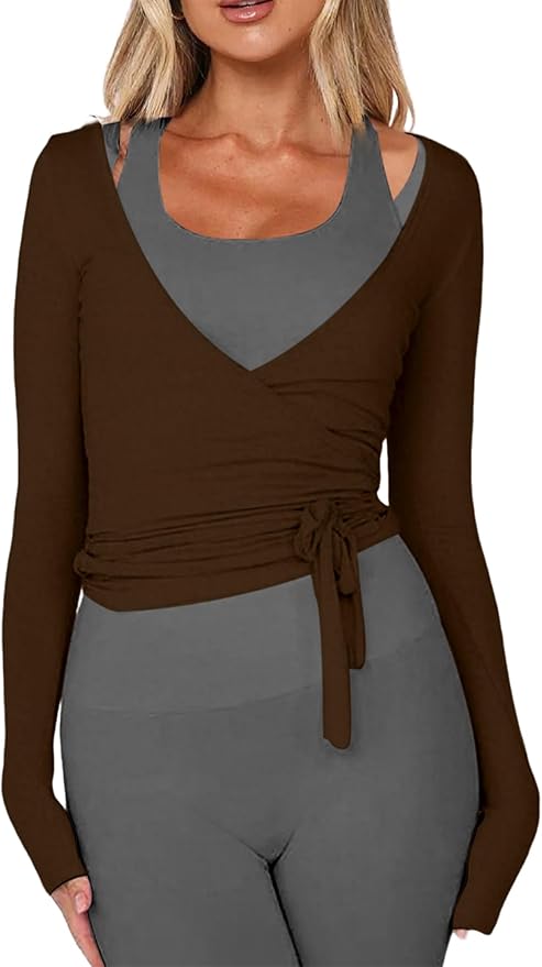 Women Pilates Wrap Top Ballet Tie Workout Shirt Long Sleeve Cross Sexy Deep V Neck Yoga Coquette Blouses Y2k Active Gym
