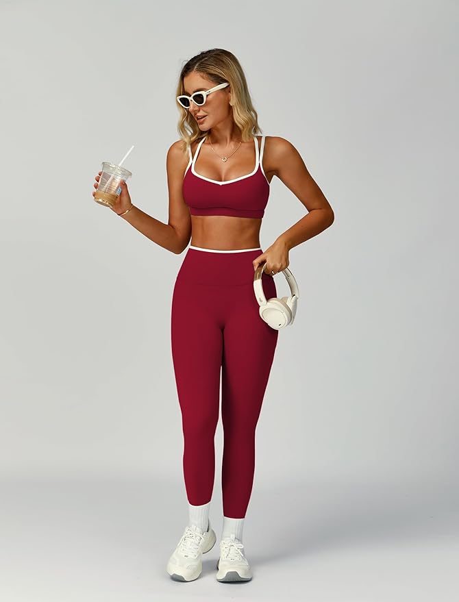 ABOCIW Two Piece Workout Sets for Women Color Block Strappy Sports Bra High Waist Leggings Yoga Pilates Outfits