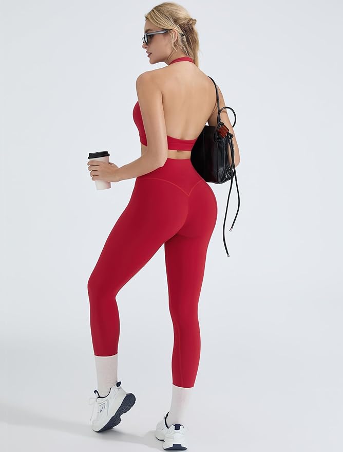 OMKAGI 2 Piece Workout Sets for Women Halter Sports Bras Gym Sets Booty Leggings Outfits