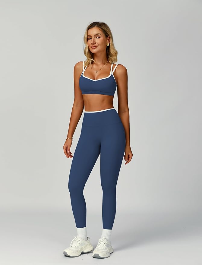 ABOCIW Two Piece Workout Sets for Women Color Block Strappy Sports Bra High Waist Leggings Yoga Pilates Outfits