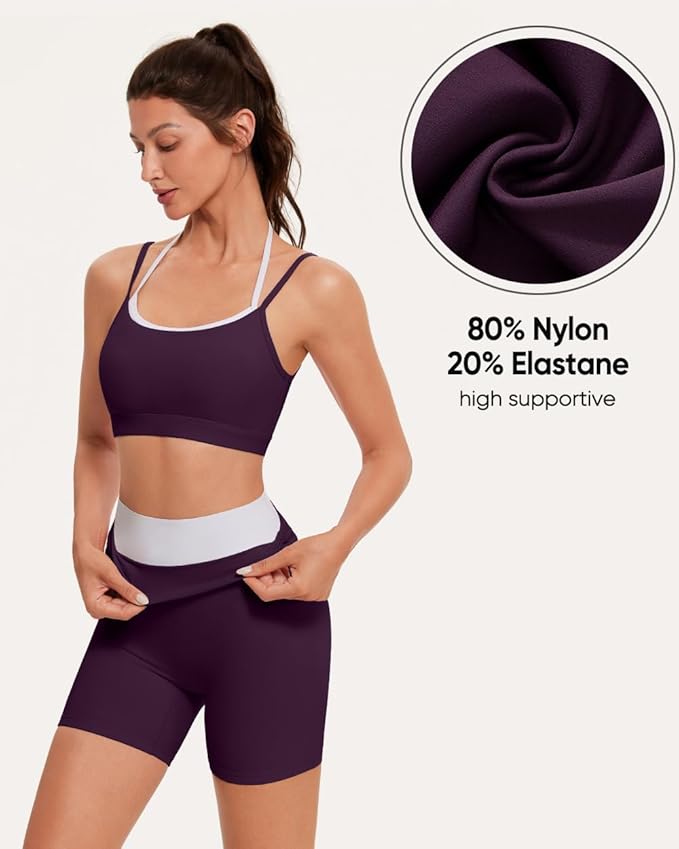 OMKAGI Workout Sets for Women Cute Doubel Layer Open Back Sports Bras Gym Shorts Outfits