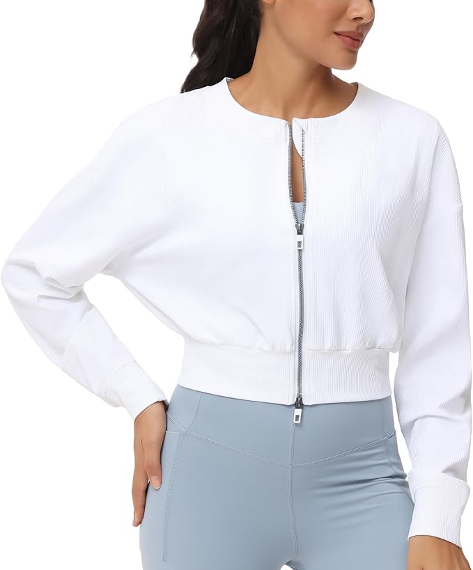 THE GYM PEOPLE Women's Cropped Jackets Full Zip Long Sleeve Ribbed Workout Sweatshirts Lightweight Casual Tops