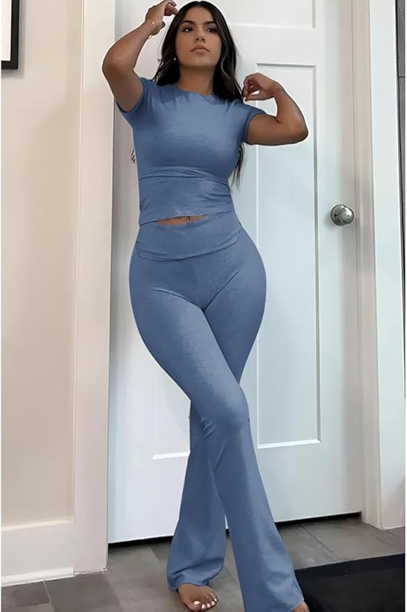 ZFLM Casual Workout Two Piece Outfits for Women Short Sleeve Crop High Waist Foldover Flare Pants Tracksuit Sets Streetwear