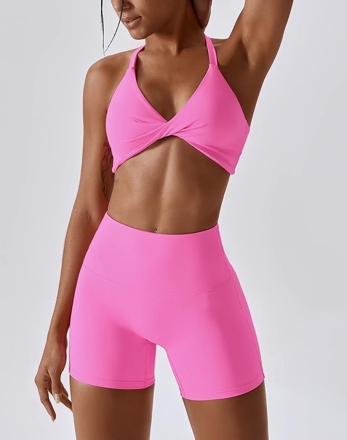 ABOCIW Workout Sets for Women 2 Piece Twist Front Halter Sports Bras High Waist Biker Shorts Exercise Gym Yoga Outfit