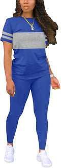 Two Piece Sets for Women Summer Short Sleeve Striped Crewneck Slim Fit Active Casual Sweatsuits