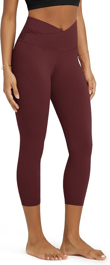 ODODOS Women's Cross Waist Yoga Leggings with Inner Pocket, 23"/25"/28" Gathered Crossover Workout Yoga Pants