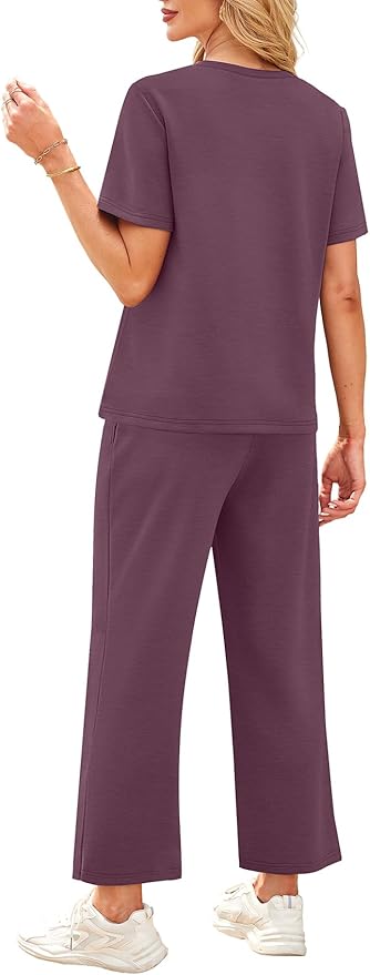 WIHOLL 2 Piece Sets for Women Casual Summer Travel Vacation Outfits Short Sleeve Wide Leg Crop Pants Lounge Sets