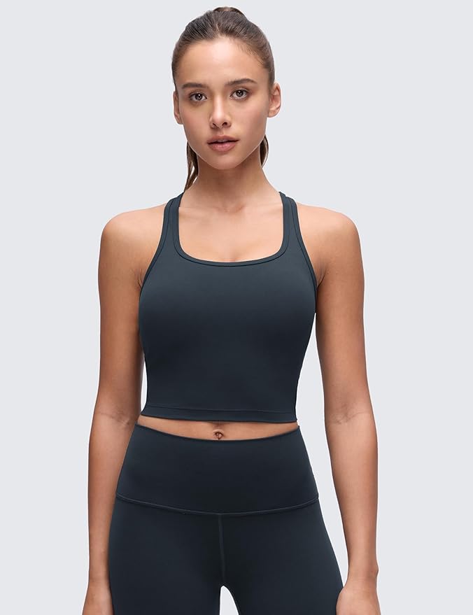 CRZ YOGA Butterluxe Racerback Crop Tank Tops for Women - Padded Y-Back Longline Sports Bras Scoop Neck Workout Yoga