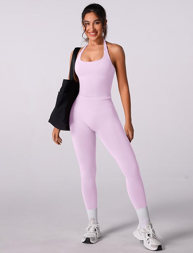 ABOCIW Workout Sets for Women Seamless Scunch Butt Lifting Impact Leggings Halter Sports Bra 2 Piece Gym Outfits