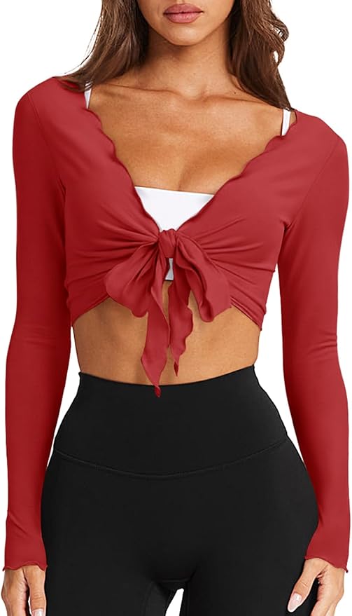 LASLULU Womens Tie Front Wrap Tops Long Sleeve Bolero Shrugs Crop Cardigan Yoga Ballet Cover up Tops Pilates Outfits