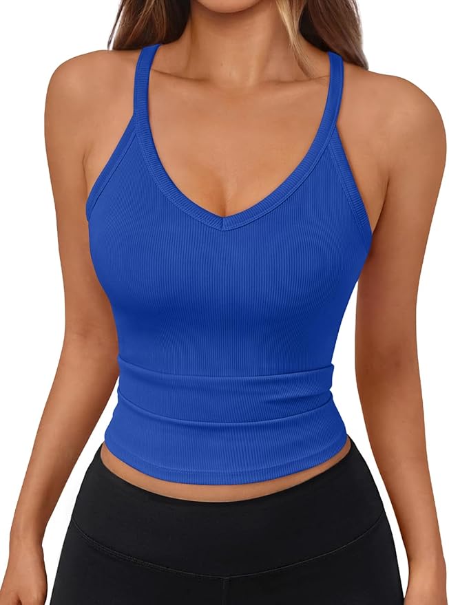 Trendy Queen Womens Racerback Ribbed Tank Tops Soft Stretch V Neck Workout Casual Tops Summer Sleeveless Crop Camisole
