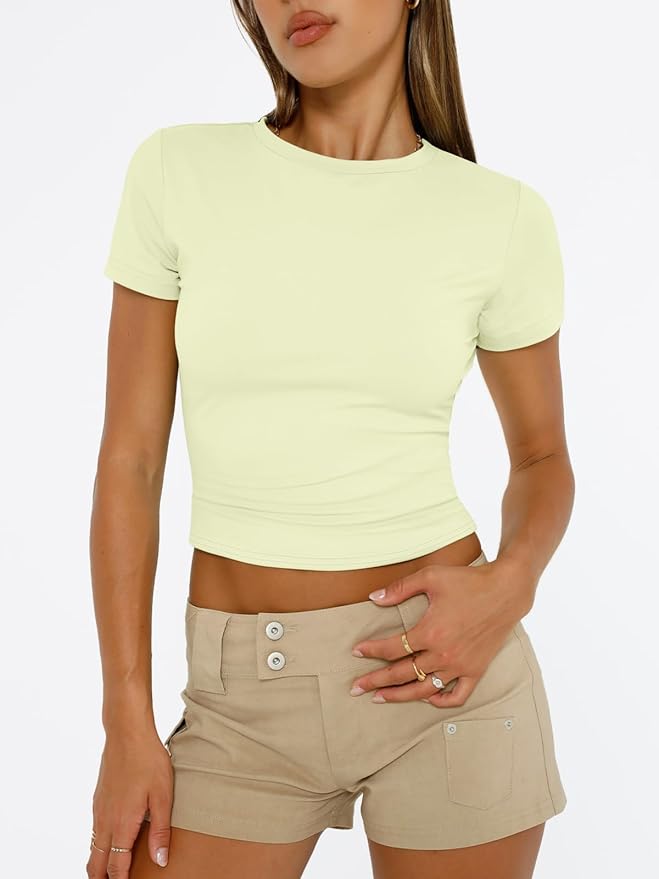 Trendy Queen Womens Short Sleeve T Shirts - Buttery Soft Summer Crop Tops Slim Fit Y2k Basic Tees for Workout