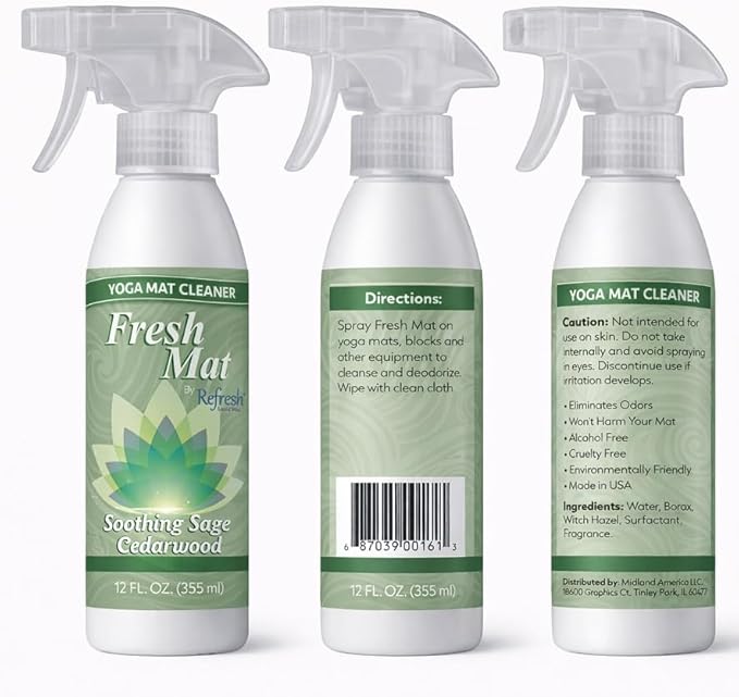 Fresh Mat Yoga Mat Cleaner Spray - Natural Deodorizing Cleaner for Yoga Mats & Fitness Equipment - No-Rinse, Residue-Free Formula with Witch Hazel & Essential Oil, Soothing Sage Cedarwood (12 fl oz).