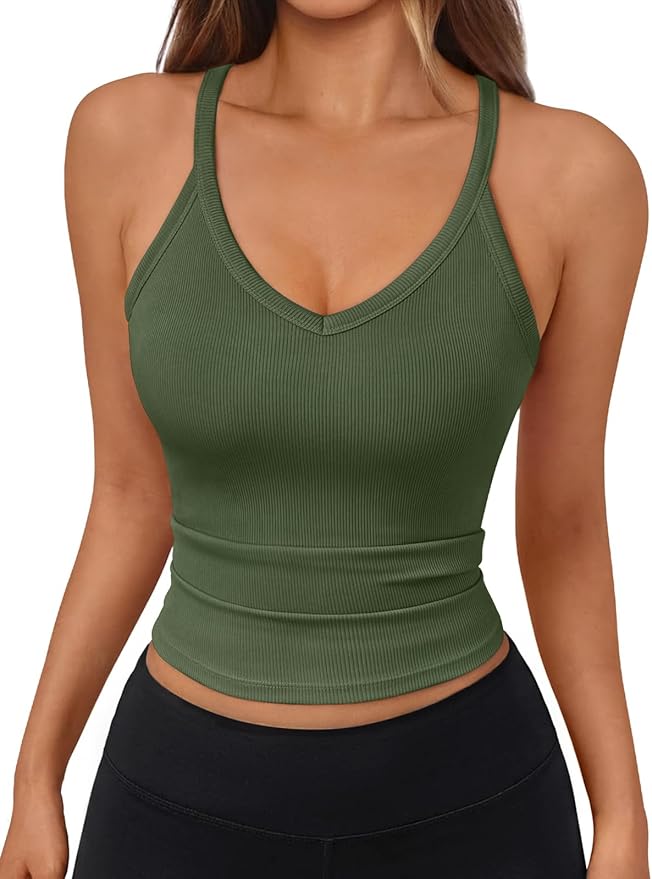 Trendy Queen Womens Racerback Ribbed Tank Tops Soft Stretch V Neck Workout Casual Tops Summer Sleeveless Crop Camisole