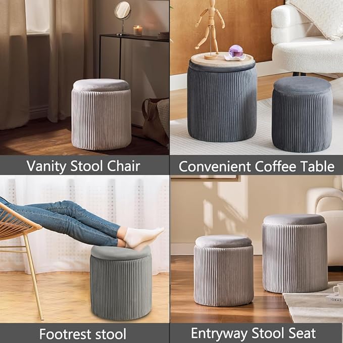 BLEXA Round Ottoman with Storage Set of 2-Upholstered Velvet Vanity Stool for Makeup Multifunctional Ottomans Coffee Table Padded Seat Foot Rest for Living Room&Bedroom(Light Grey-Upgrade Tray Lid)
