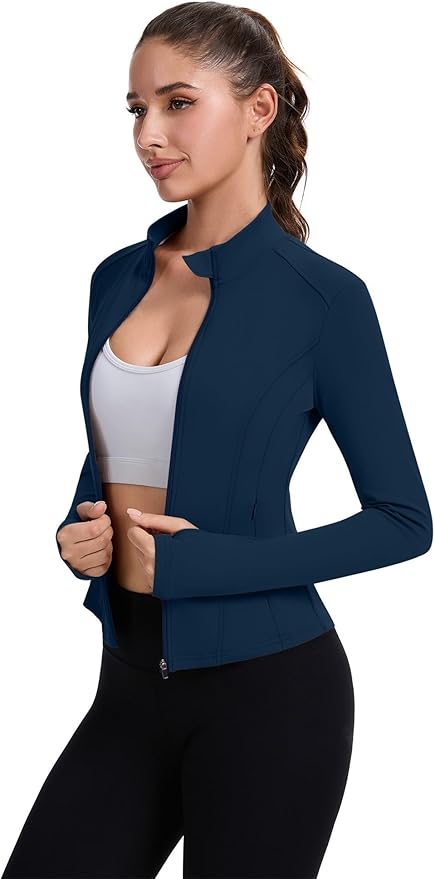 ZHENWEI Workout Jackets for Women Full Zip Up Cropped Athletic Long Sleeve Lightweight Slim Fit Running Tops with Pockets
