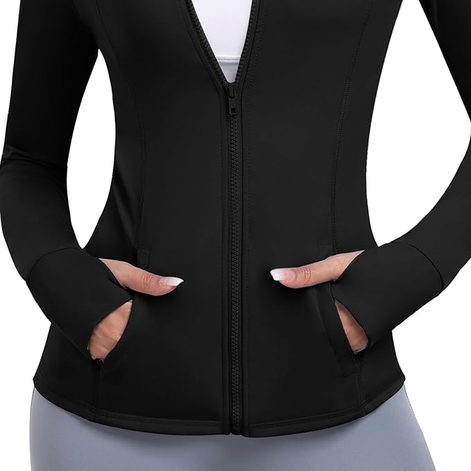 Women's Athletic Full Zip Lightweight Workout Jacket With Pockets Running Slim Fit Yoga Sportwear With Thumb Holes