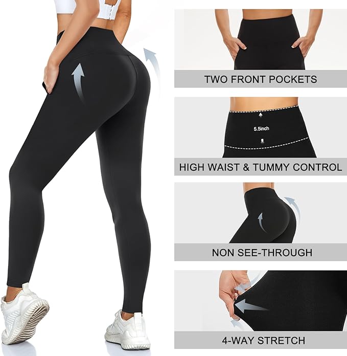 MOREFEEL Leggings with Pockets for Women, High Waisted Tummy Control Workout Hip Lift Yoga Pants Activewear