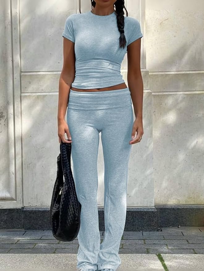 ZFLM Casual Workout Two Piece Outfits for Women Short Sleeve Crop High Waist Foldover Flare Pants Tracksuit Sets Streetwear