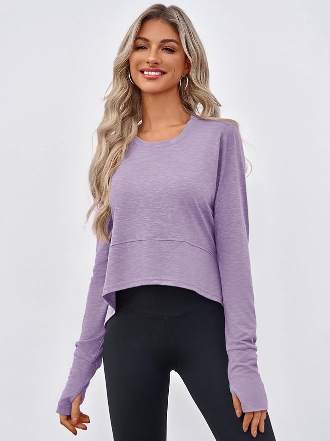 Aurgelmir Womens Long Sleeve Cropped Tops Loose Workout Athletic T-Shirts Flowy Sweatshirt for Yoga Tiered Hem Gym Tees