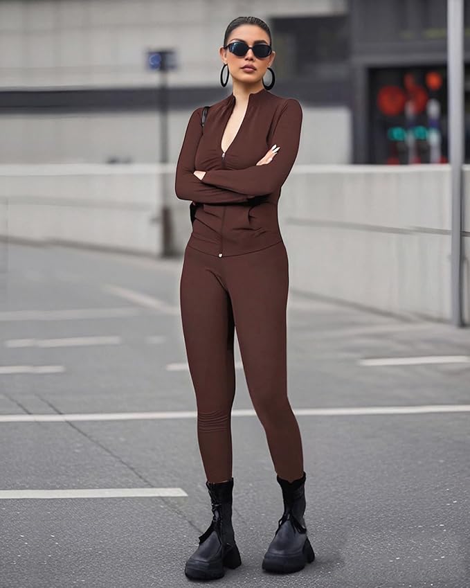 UOUA Two Piece Outfits Women Tracksuit Sets Long Sleeve Zip Up Jacket & Leggings for Gym Workout Set