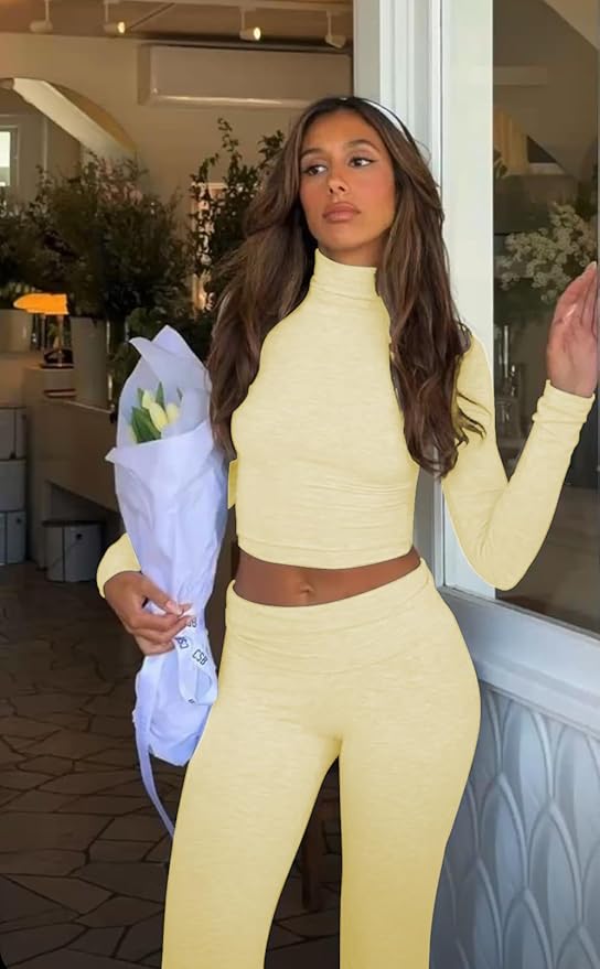 ZFLM Casual Workout Two Piece Outfits Long Sleeve High Waist Fold-Over Flared Leggings Pants Tracksuit Sets Streetwear