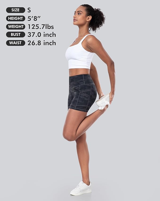 CHRLEISURE Womens Biker Yoga Shorts with Pocket, High Waisted Tummy Control 5 Inch Workout Spandex Athletic Gym Shorts
