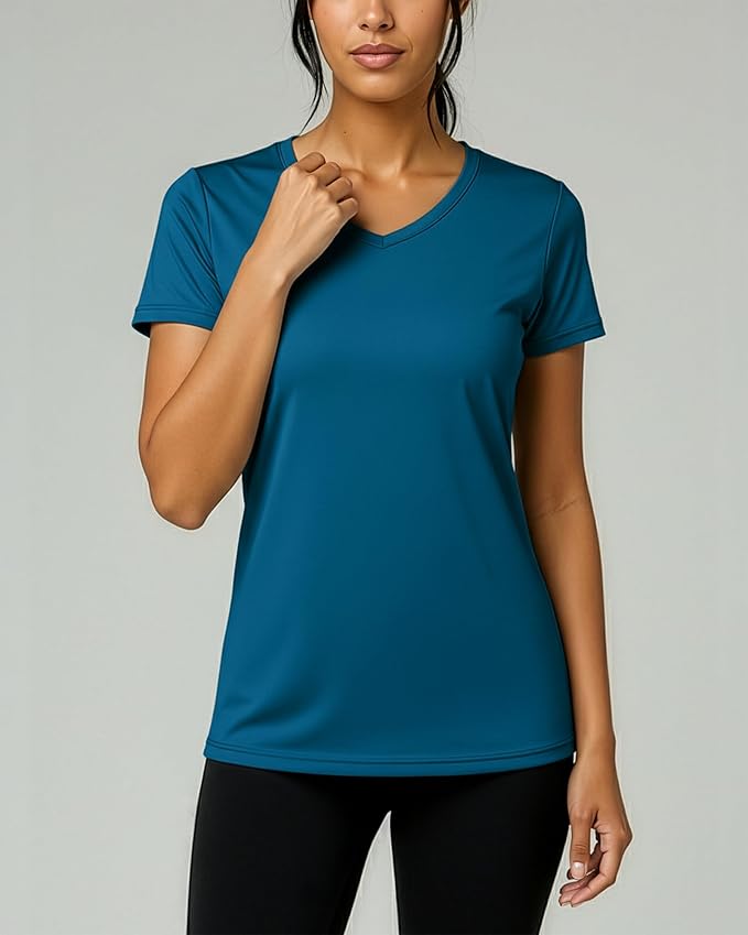 Real Essentials 5 Pack: Women's Dry-Fit Short Sleeve V Neck T Shirt Workout Fitness Yoga Top Tee (Available in Plus Size)