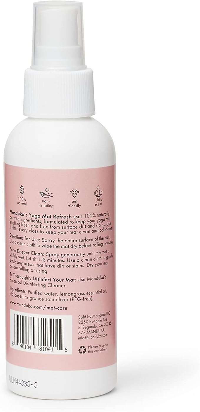 Manduka Yoga Mat Wash and Refresh – 100% Natural Essential Oil Yoga Mat Cleaning Spray, Fitness Equipment and Gym Accessories Cleaner, Non-irritating, Pet Friendly | Lemongrass Scent, 4oz