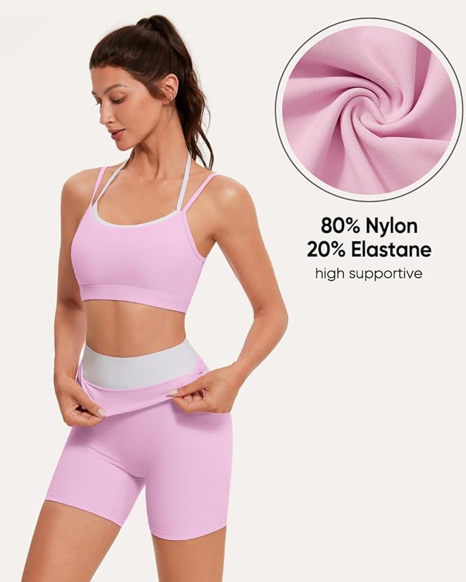 OMKAGI Workout Sets for Women Cute Doubel Layer Open Back Sports Bras Gym Shorts Outfits