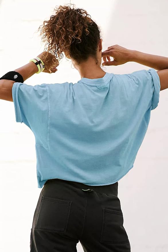 Women's Oversize Workout Crop Tops Casual Short Sleeve Drop Shoulder Boxy T-Shirts Roll Hem Basic Loose Yoga Running Tees