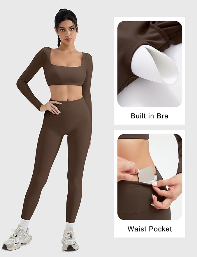 SUUKSESS Women 2 Piece Workout Sets Compression Tummy Control Leggings with Pockets Long Sleeve Square Neck Padded Crop Tops