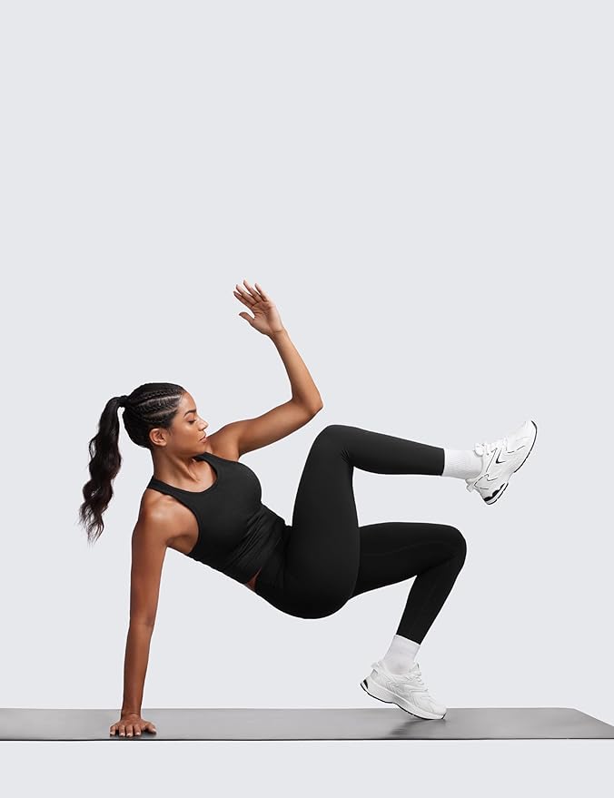 CRZ YOGA Seamless Ribbed High Neck Crop Tank Tops for Women - Longline Racerback Padded Sports Bras