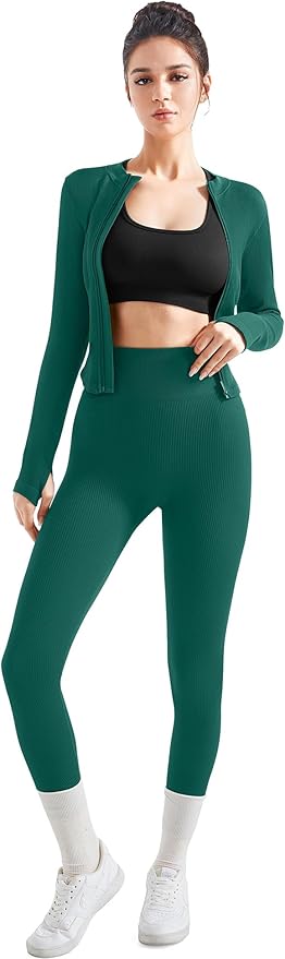 SUUKSESS Women 2 Piece Seamless Ribbed Workout Sets With Zip Up Jacket High Waisted Gym Yoga Leggings