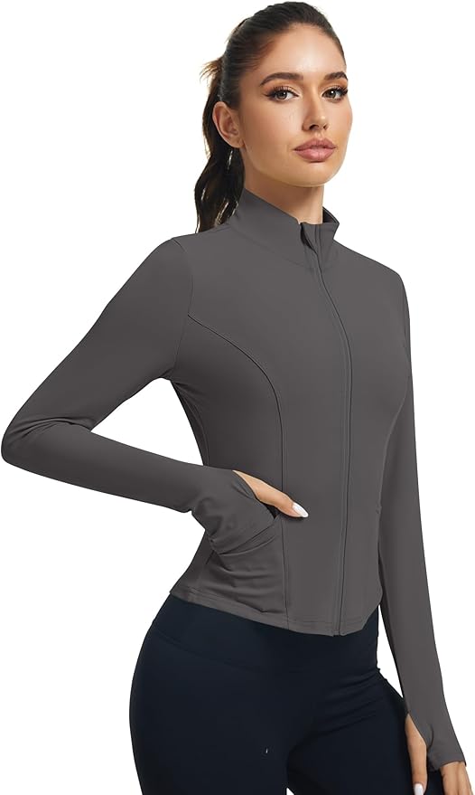 LOMON Women's Athletic Jackets Cropped Long Sleeve Workout Tops Yoga Zip Up Jackets Gym Tops Golf Shirts