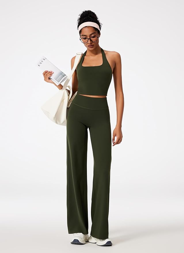 RXRXCOCO Halter Workout Sets for Women 2 Piece Padded Crop Tank Tops Straight Leg Yoga Pants Outfits with Hidden Pocket