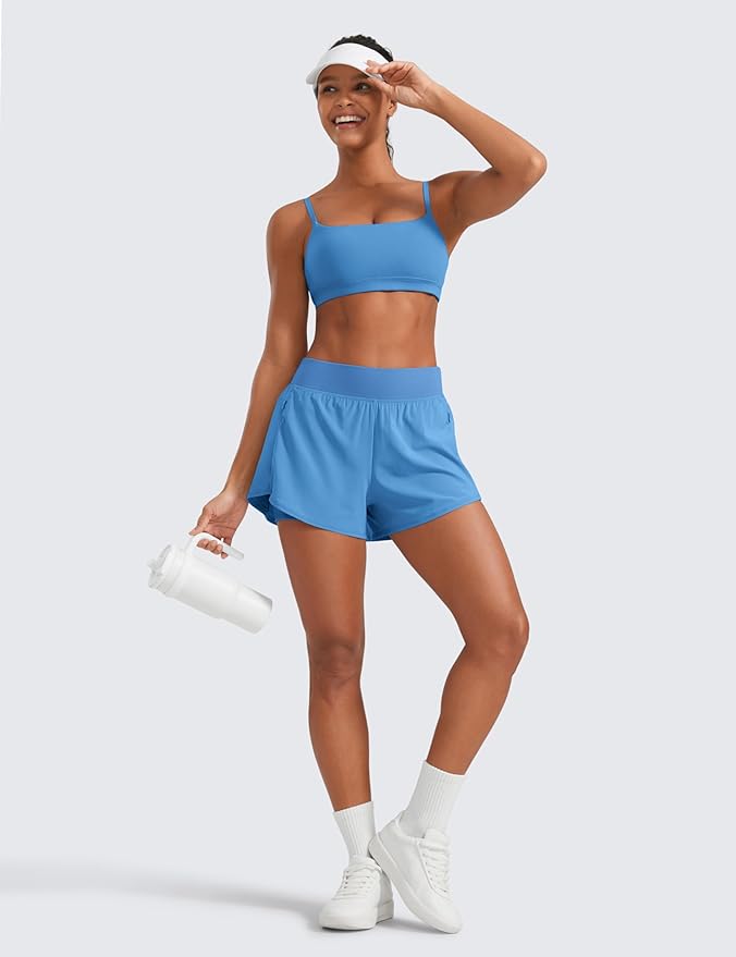 CRZ YOGA 2 in 1 Double Layer Running Shorts for Women 3" - High Waisted for Athletic Tennis Workout with Zip Pockets