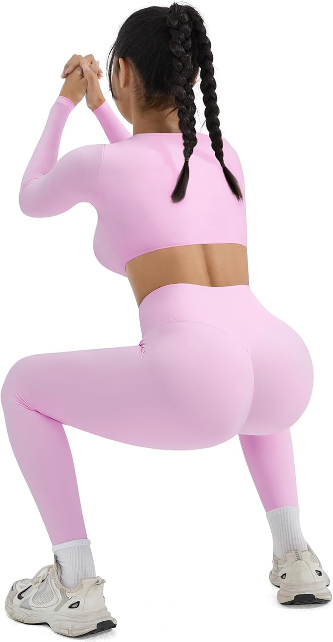 SUUKSESS Women 2 Piece Workout Sets Compression Tummy Control Leggings with Pockets Long Sleeve Square Neck Padded Crop Tops