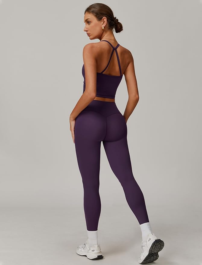 QBGJTD Womens Workout Sets Two Piece Cross Back Tank Top Matching High Waist Leggings Sets Gym Outfits Work Out Clothes