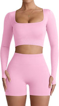 Two Piece Workout Set for Women Long Sleeve Top Matching High Waist Scrunch Butt Shorts Gym Sets Yoga Outfits Sets